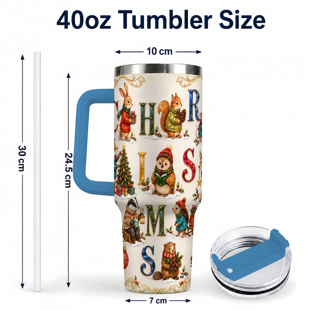 #pl[40oz|Blue] Festive Woodland Animals 40oz Tumbler with Handle, Christmas Travel Cup