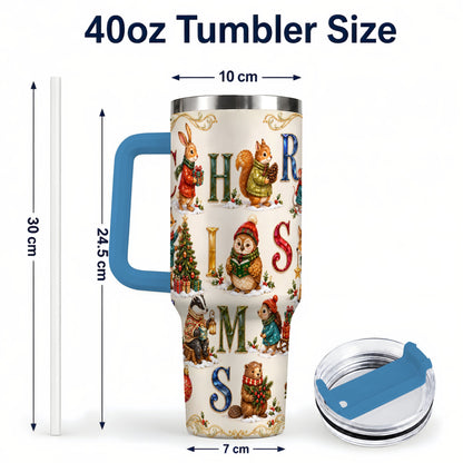 #pl[40oz|Blue] Festive Woodland Animals 40oz Tumbler with Handle, Christmas Travel Cup