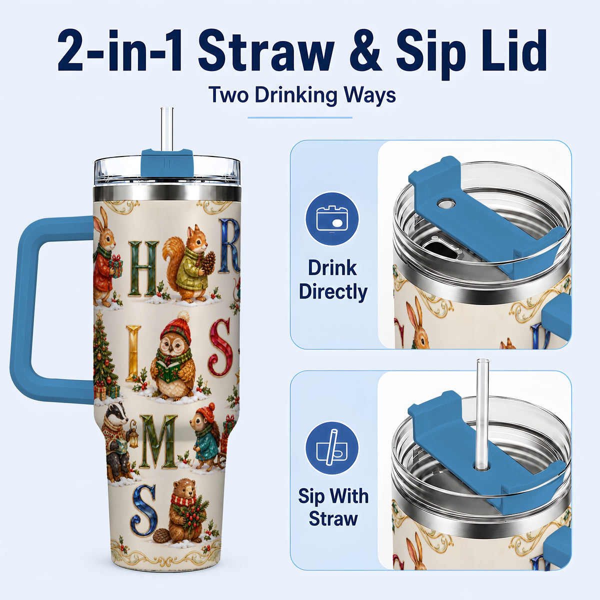 #pl[40oz|Blue] Festive Woodland Animals 40oz Tumbler with Handle, Christmas Travel Cup