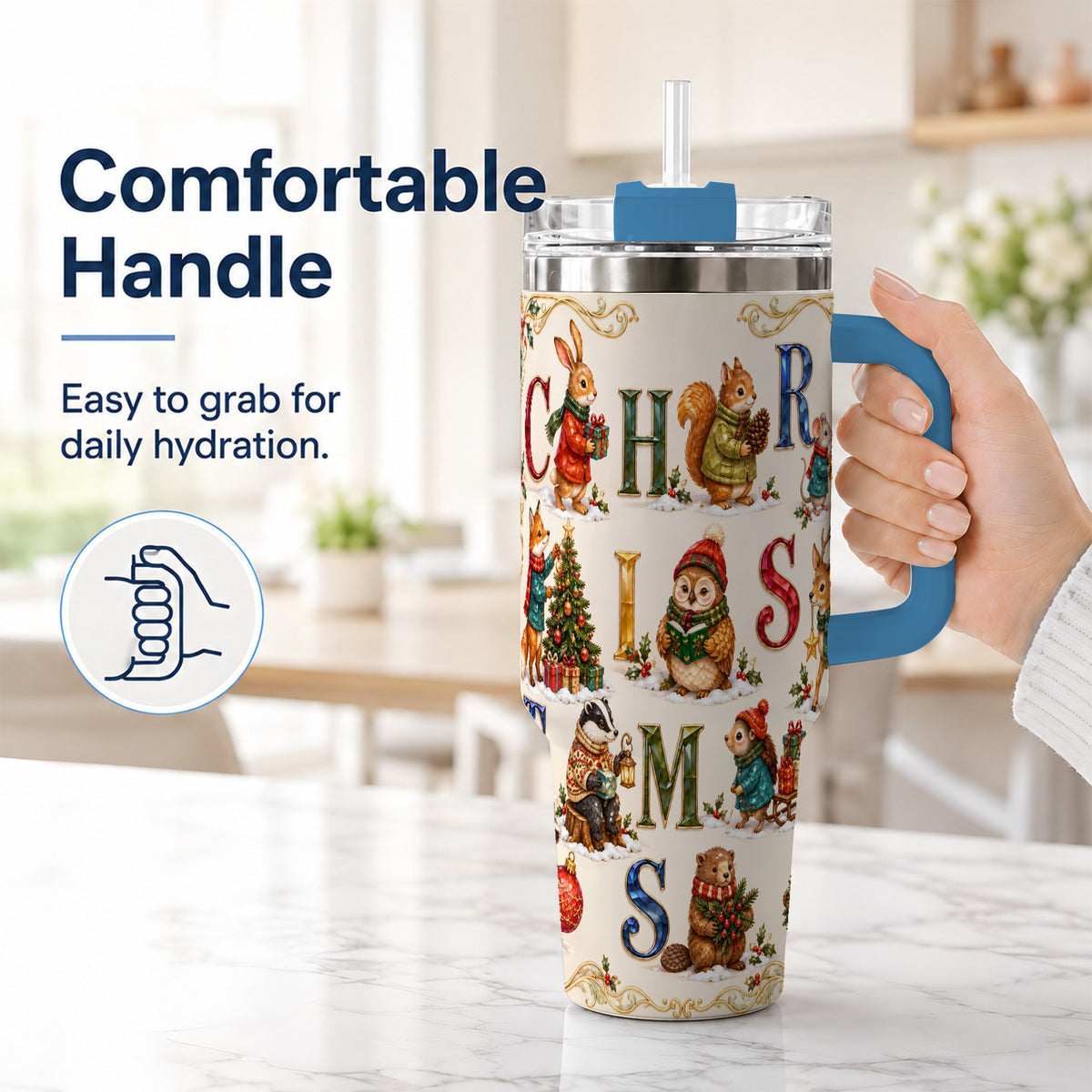 #pl[40oz|Blue] Festive Woodland Animals 40oz Tumbler with Handle, Christmas Travel Cup