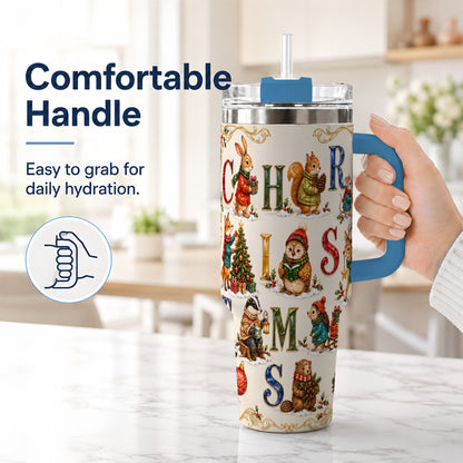 #pl[40oz|Blue] Festive Woodland Animals 40oz Tumbler with Handle, Christmas Travel Cup