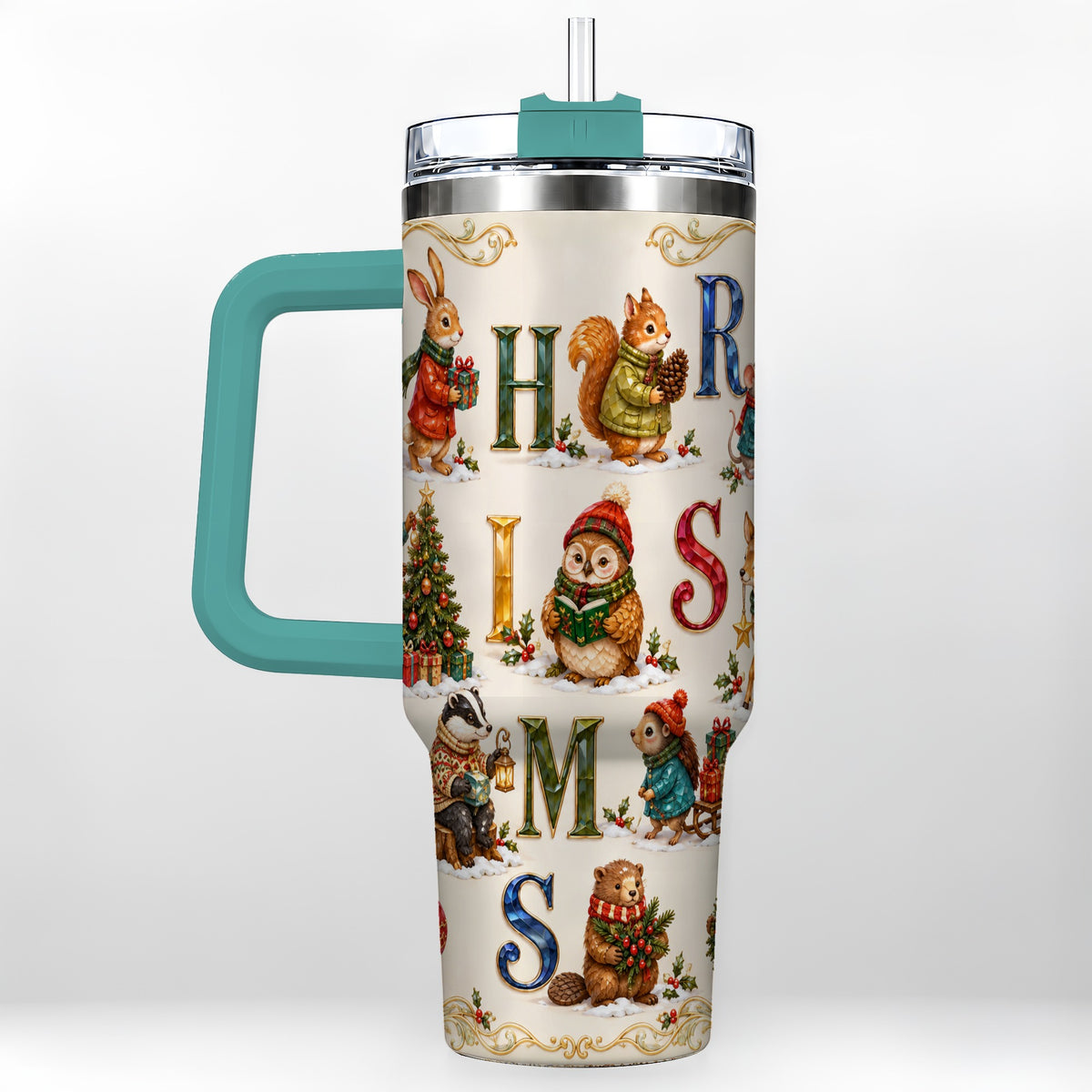 #pl[40oz|Green] Festive Woodland Animals 40oz Tumbler with Handle, Christmas Travel Cup