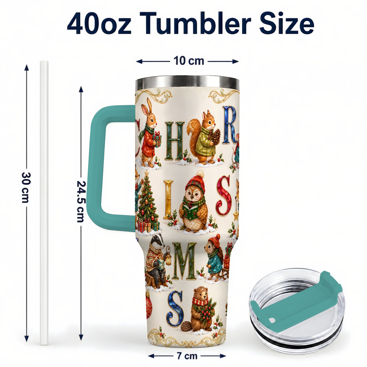 #pl[40oz|Green] Festive Woodland Animals 40oz Tumbler with Handle, Christmas Travel Cup