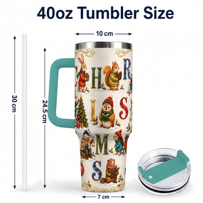 #pl[40oz|Green] Festive Woodland Animals 40oz Tumbler with Handle, Christmas Travel Cup