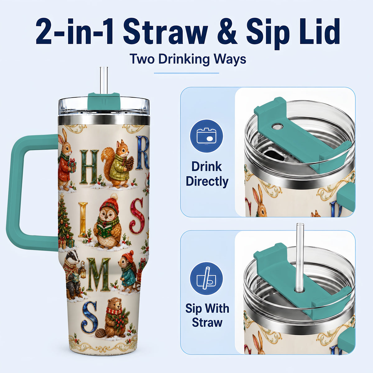 #pl[40oz|Green] Festive Woodland Animals 40oz Tumbler with Handle, Christmas Travel Cup