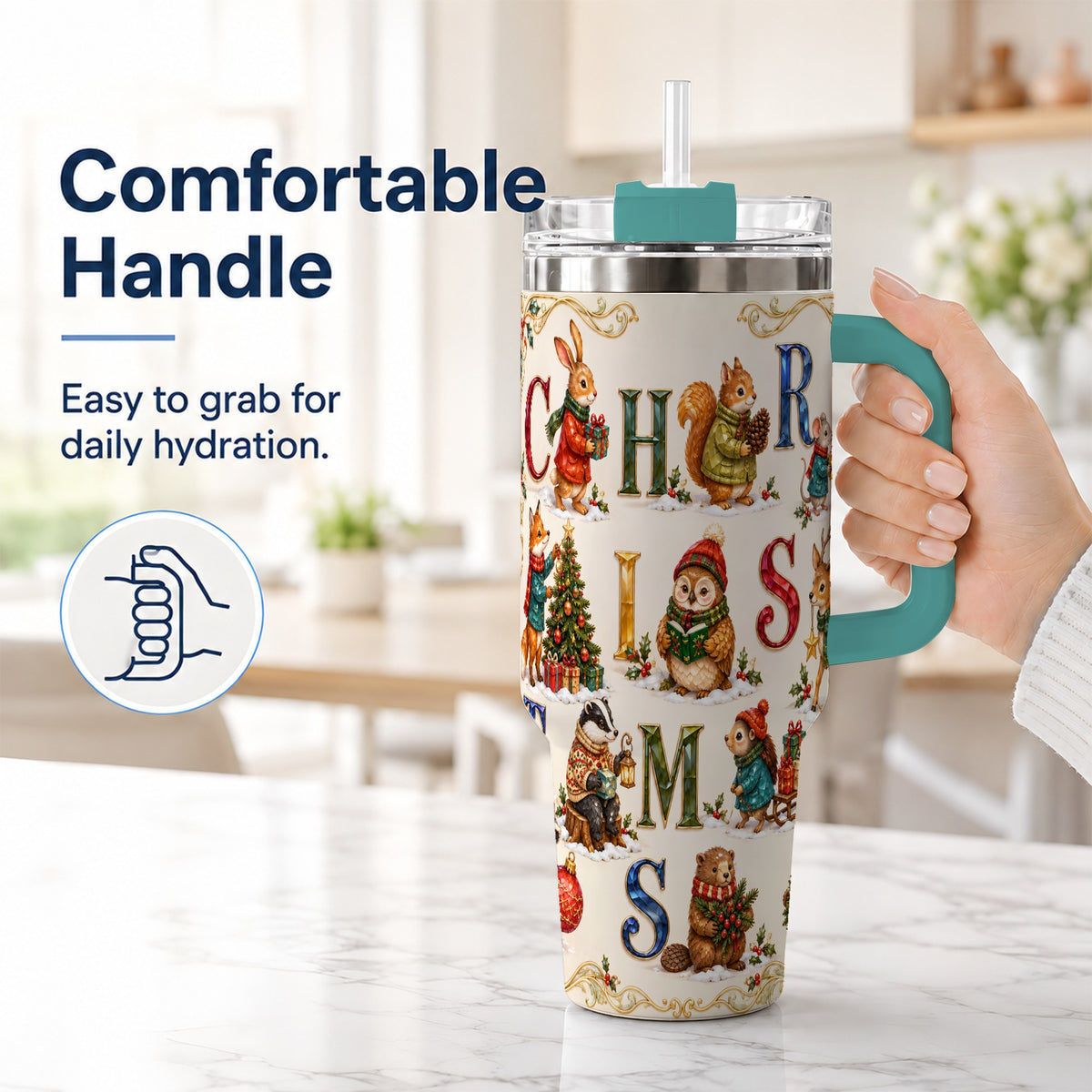 #pl[40oz|Green] Festive Woodland Animals 40oz Tumbler with Handle, Christmas Travel Cup