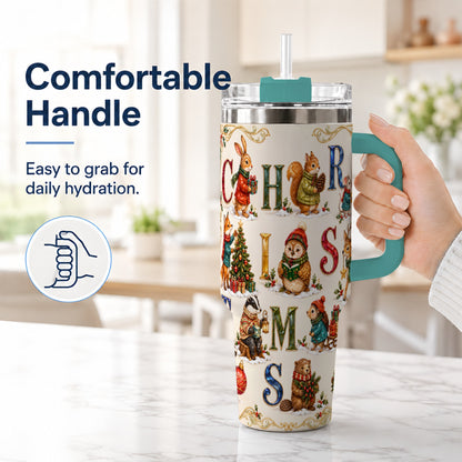 #pl[40oz|Green] Festive Woodland Animals 40oz Tumbler with Handle, Christmas Travel Cup