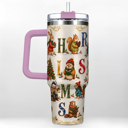 #pl[40oz|Pink] Festive Woodland Animals 40oz Tumbler with Handle, Christmas Travel Cup