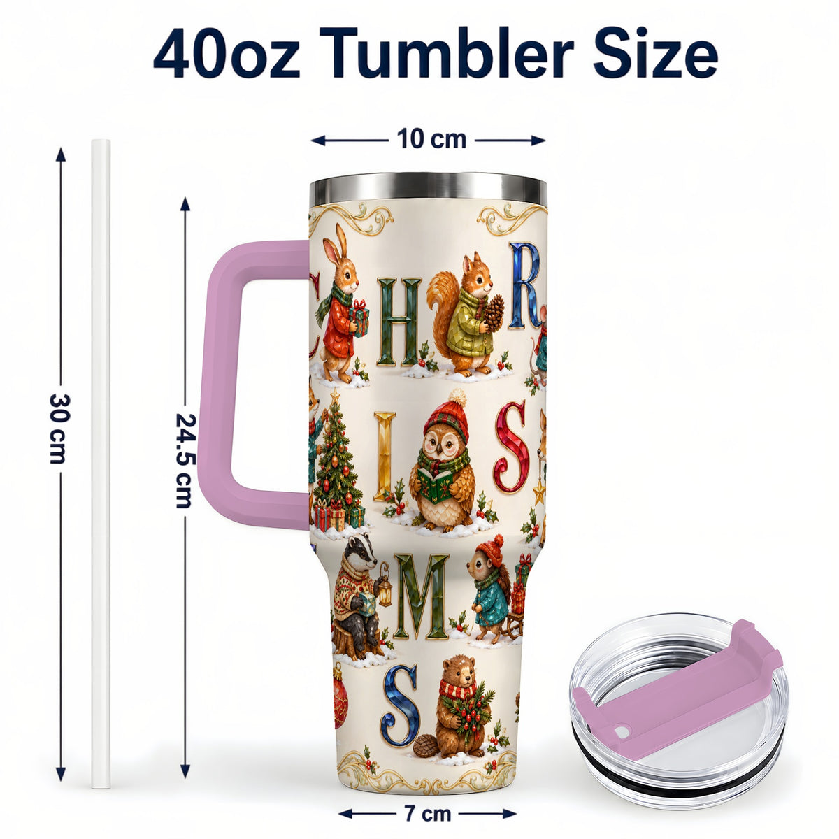 #pl[40oz|Pink] Festive Woodland Animals 40oz Tumbler with Handle, Christmas Travel Cup