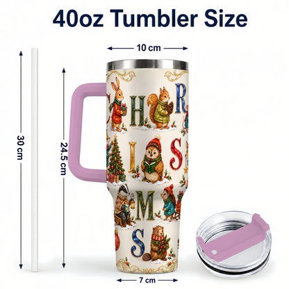 #pl[40oz|Pink] Festive Woodland Animals 40oz Tumbler with Handle, Christmas Travel Cup
