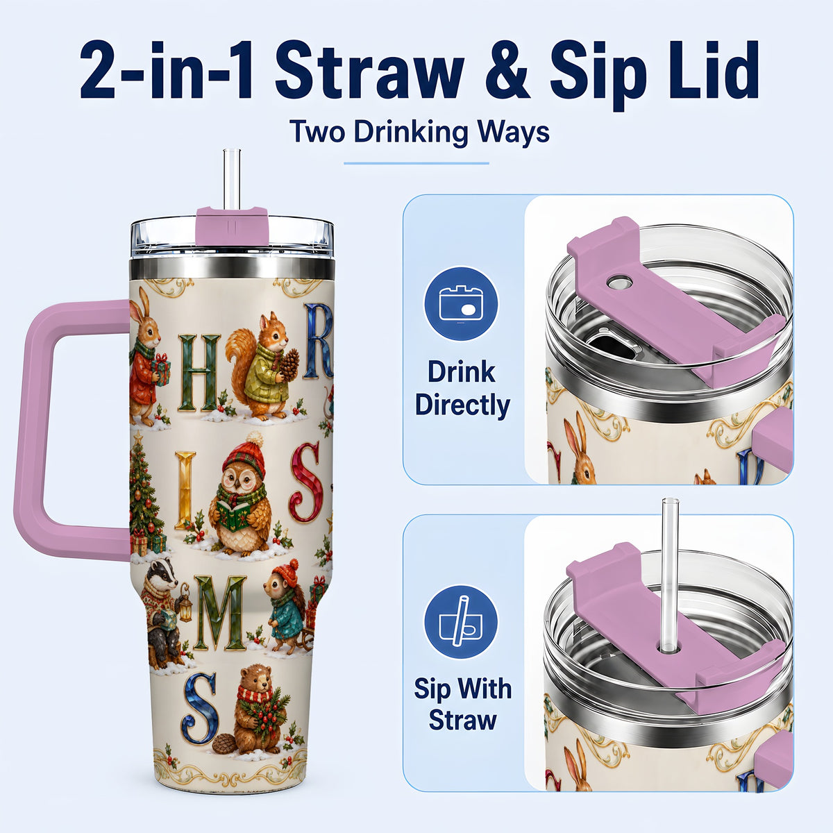 #pl[40oz|Pink] Festive Woodland Animals 40oz Tumbler with Handle, Christmas Travel Cup