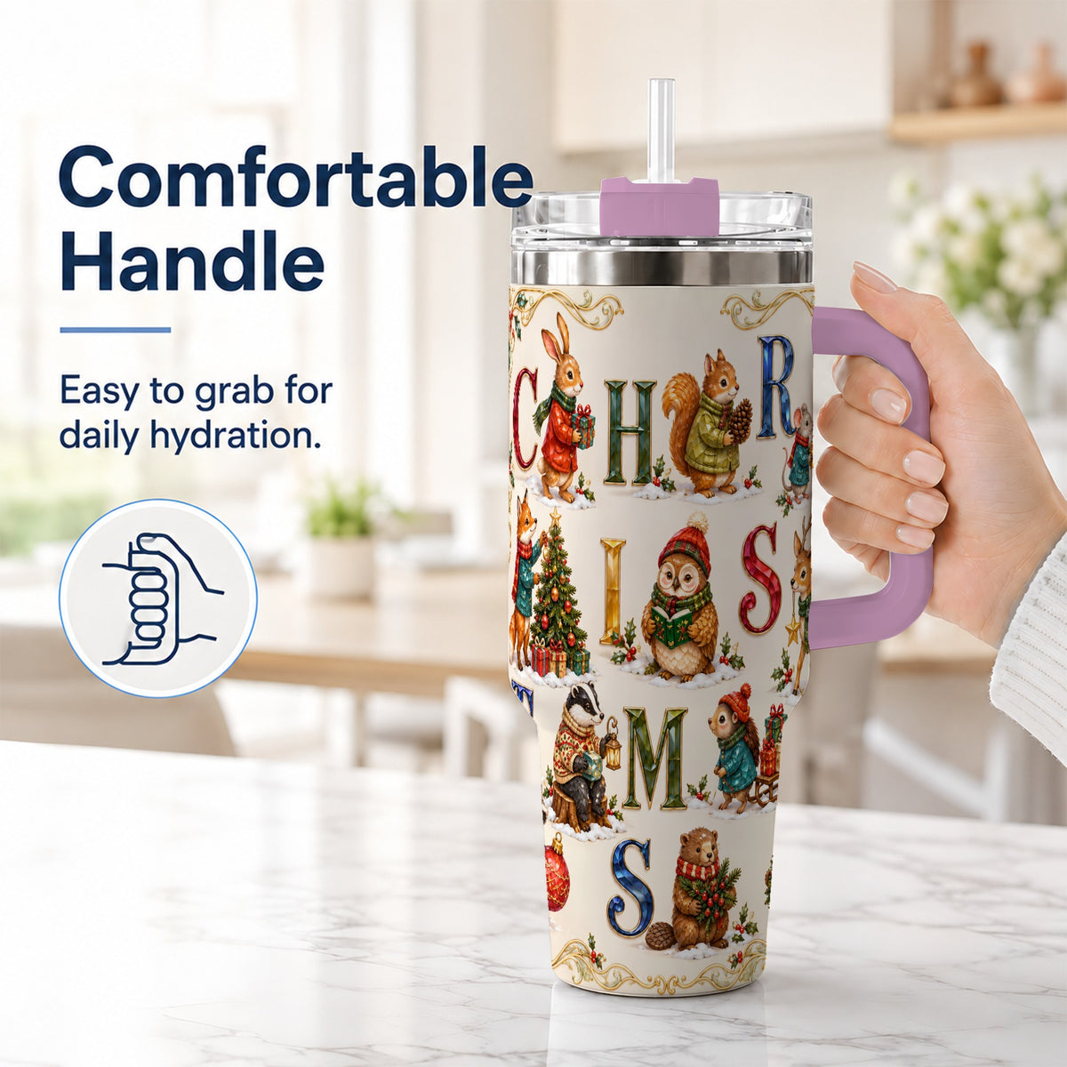#pl[40oz|Pink] Festive Woodland Animals 40oz Tumbler with Handle, Christmas Travel Cup