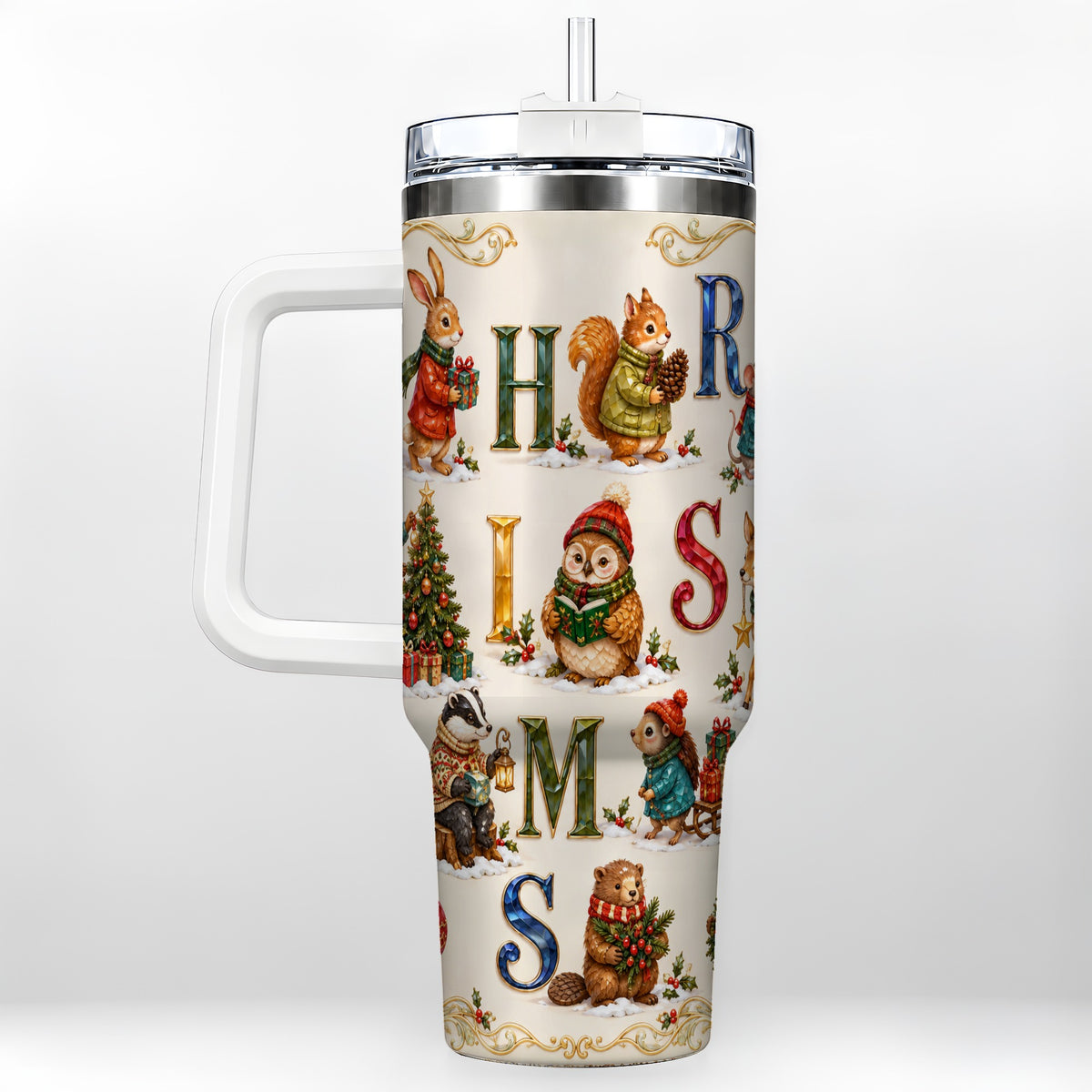 Festive Woodland Animals 40oz Tumbler with Handle, Christmas Travel Cup