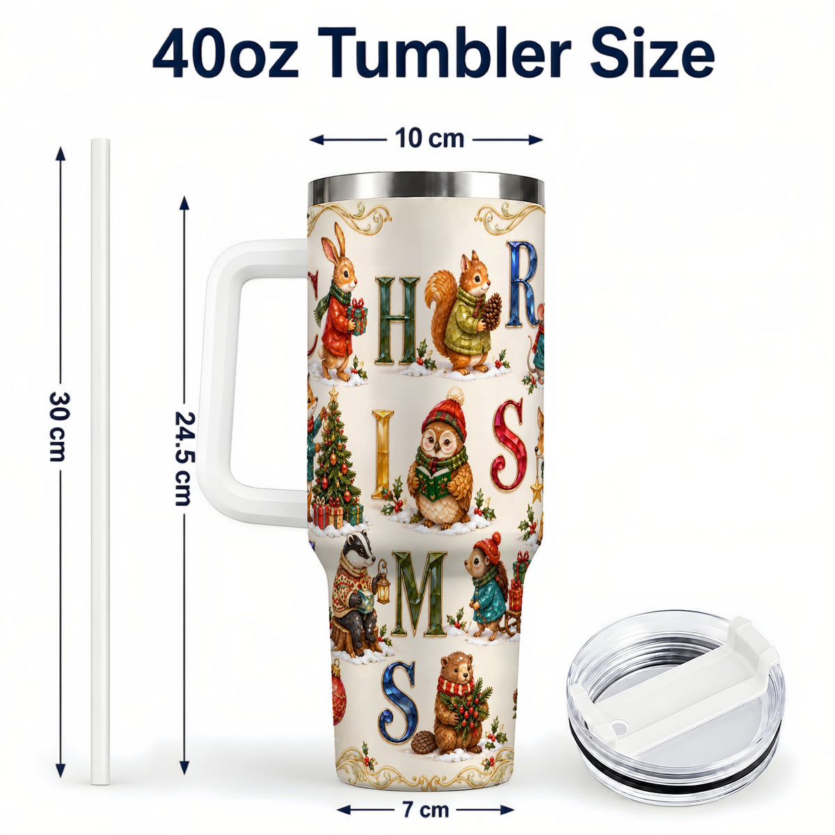 #pl[40oz|White] Festive Woodland Animals 40oz Tumbler with Handle, Christmas Travel Cup