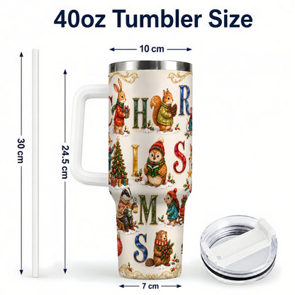 #pl[40oz|White] Festive Woodland Animals 40oz Tumbler with Handle, Christmas Travel Cup