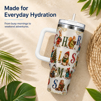 Festive Woodland Animals 40oz Tumbler with Handle, Christmas Travel Cup