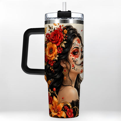 #pl[40oz|Black] Floral Sugar Skull Woman 40oz Tumbler with Handle, Butterfly Travel Cup