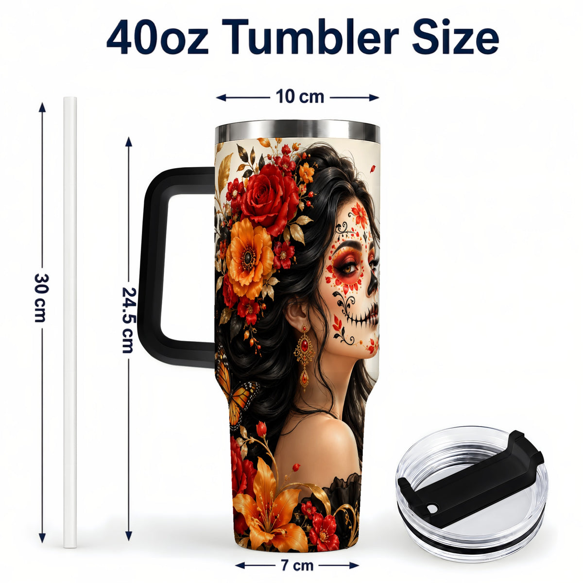 #pl[40oz|Black] Floral Sugar Skull Woman 40oz Tumbler with Handle, Butterfly Travel Cup
