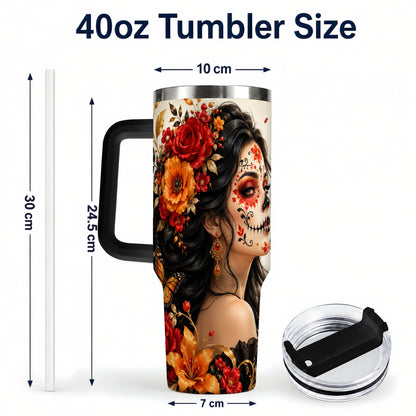 #pl[40oz|Black] Floral Sugar Skull Woman 40oz Tumbler with Handle, Butterfly Travel Cup