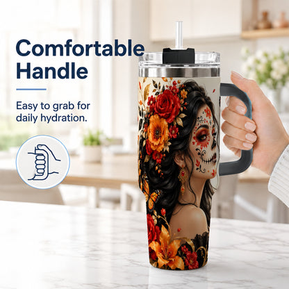 #pl[40oz|Black] Floral Sugar Skull Woman 40oz Tumbler with Handle, Butterfly Travel Cup