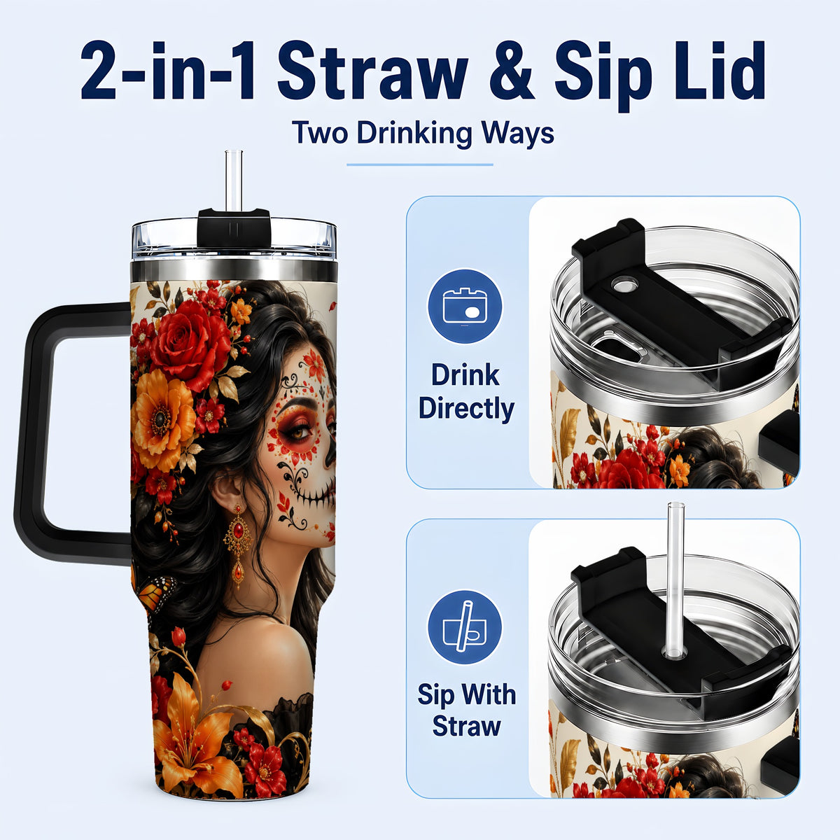 #pl[40oz|Black] Floral Sugar Skull Woman 40oz Tumbler with Handle, Butterfly Travel Cup