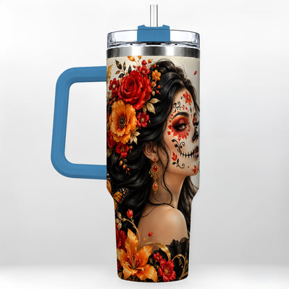 #pl[40oz|Blue] Floral Sugar Skull Woman 40oz Tumbler with Handle, Butterfly Travel Cup