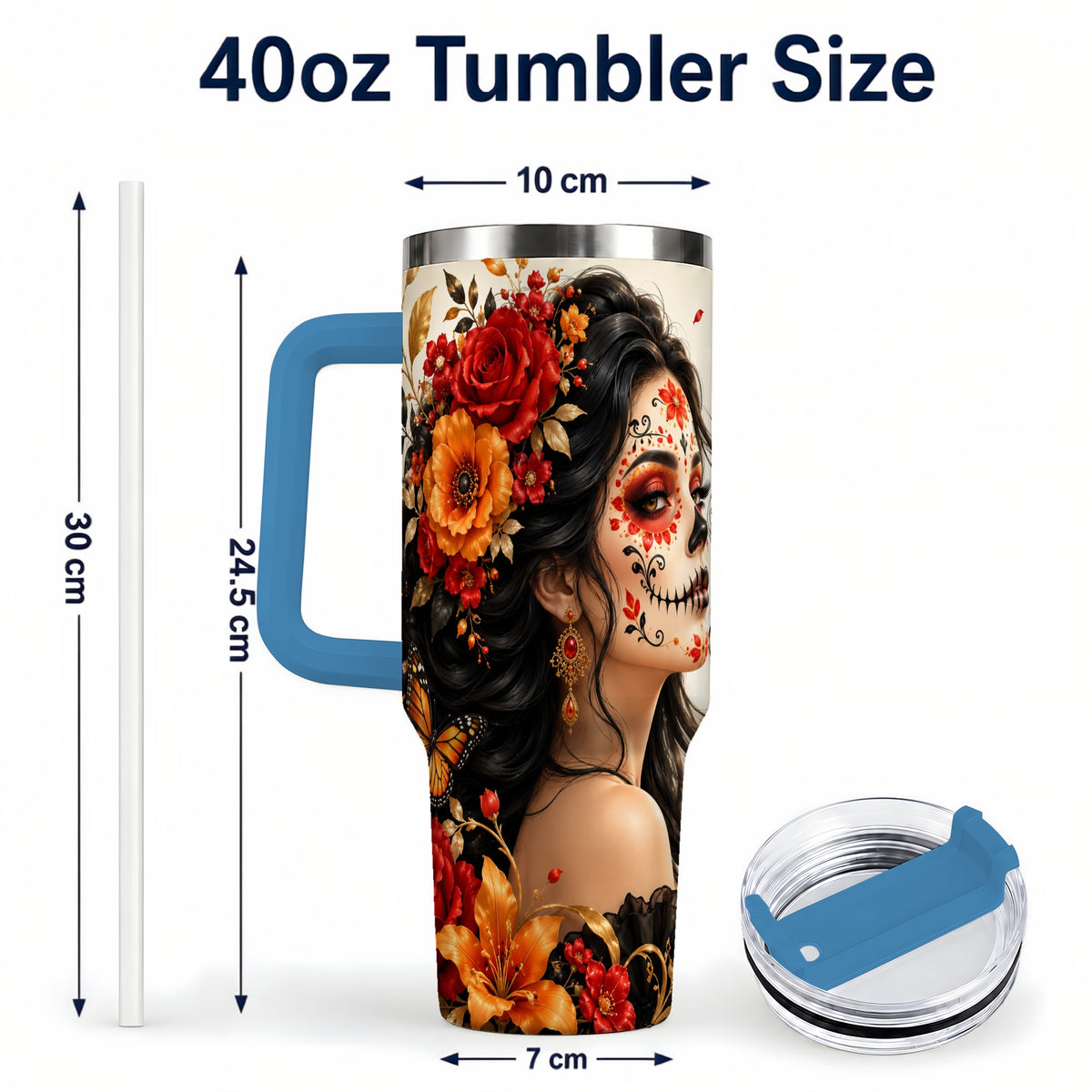 #pl[40oz|Blue] Floral Sugar Skull Woman 40oz Tumbler with Handle, Butterfly Travel Cup