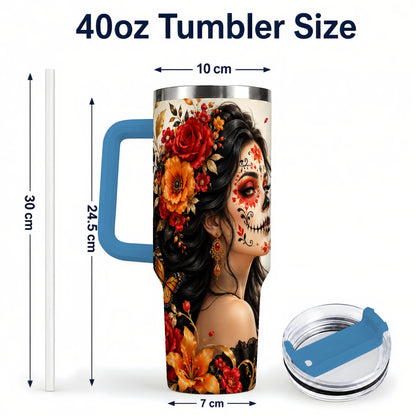 #pl[40oz|Blue] Floral Sugar Skull Woman 40oz Tumbler with Handle, Butterfly Travel Cup