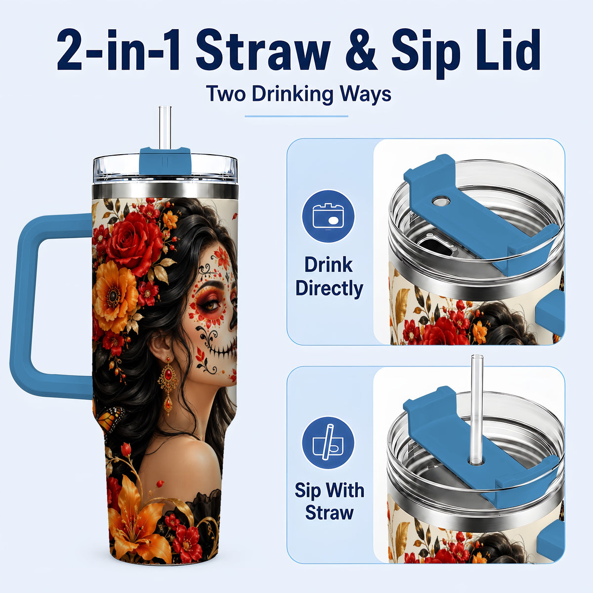 #pl[40oz|Blue] Floral Sugar Skull Woman 40oz Tumbler with Handle, Butterfly Travel Cup
