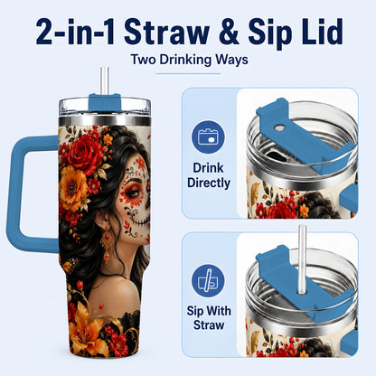 #pl[40oz|Blue] Floral Sugar Skull Woman 40oz Tumbler with Handle, Butterfly Travel Cup
