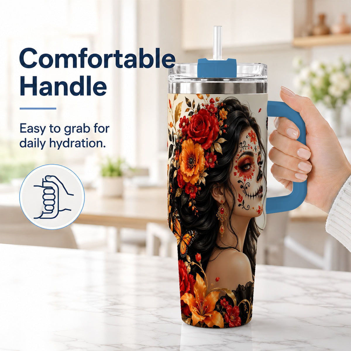 #pl[40oz|Blue] Floral Sugar Skull Woman 40oz Tumbler with Handle, Butterfly Travel Cup