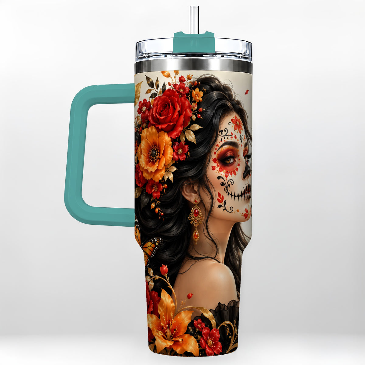 #pl[40oz|Green] Floral Sugar Skull Woman 40oz Tumbler with Handle, Butterfly Travel Cup