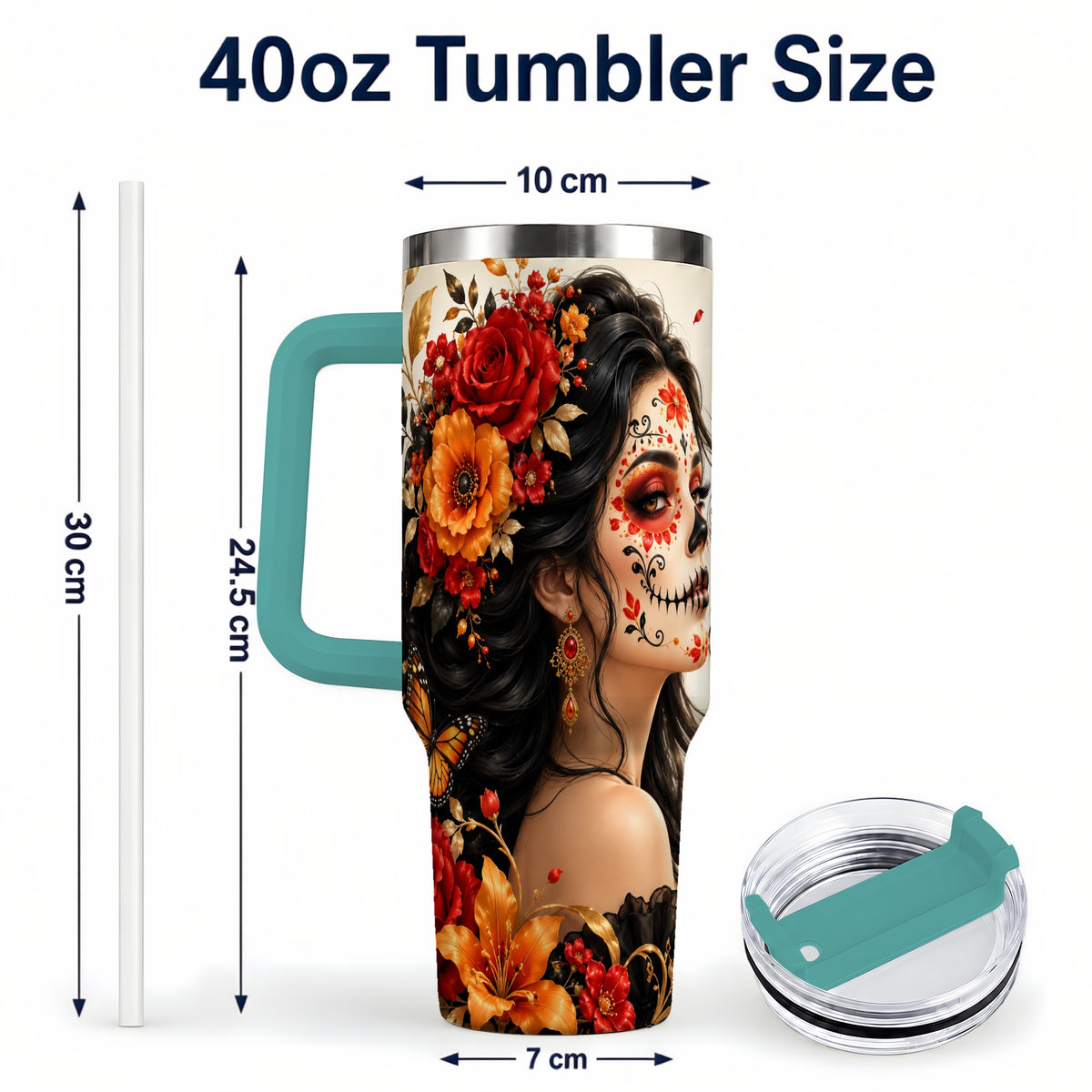 #pl[40oz|Green] Floral Sugar Skull Woman 40oz Tumbler with Handle, Butterfly Travel Cup