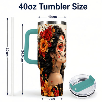 #pl[40oz|Green] Floral Sugar Skull Woman 40oz Tumbler with Handle, Butterfly Travel Cup