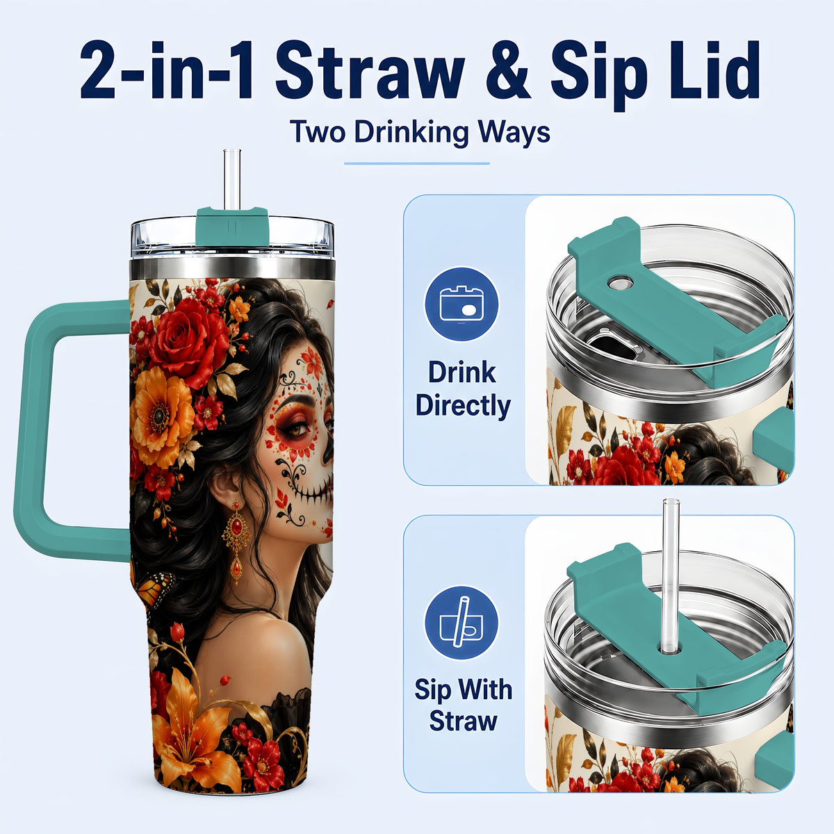 #pl[40oz|Green] Floral Sugar Skull Woman 40oz Tumbler with Handle, Butterfly Travel Cup