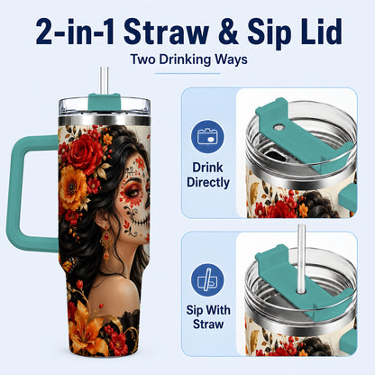 #pl[40oz|Green] Floral Sugar Skull Woman 40oz Tumbler with Handle, Butterfly Travel Cup