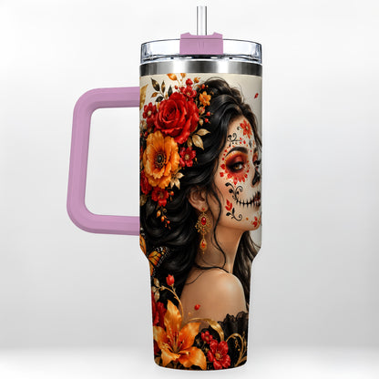 #pl[40oz|Pink] Floral Sugar Skull Woman 40oz Tumbler with Handle, Butterfly Travel Cup