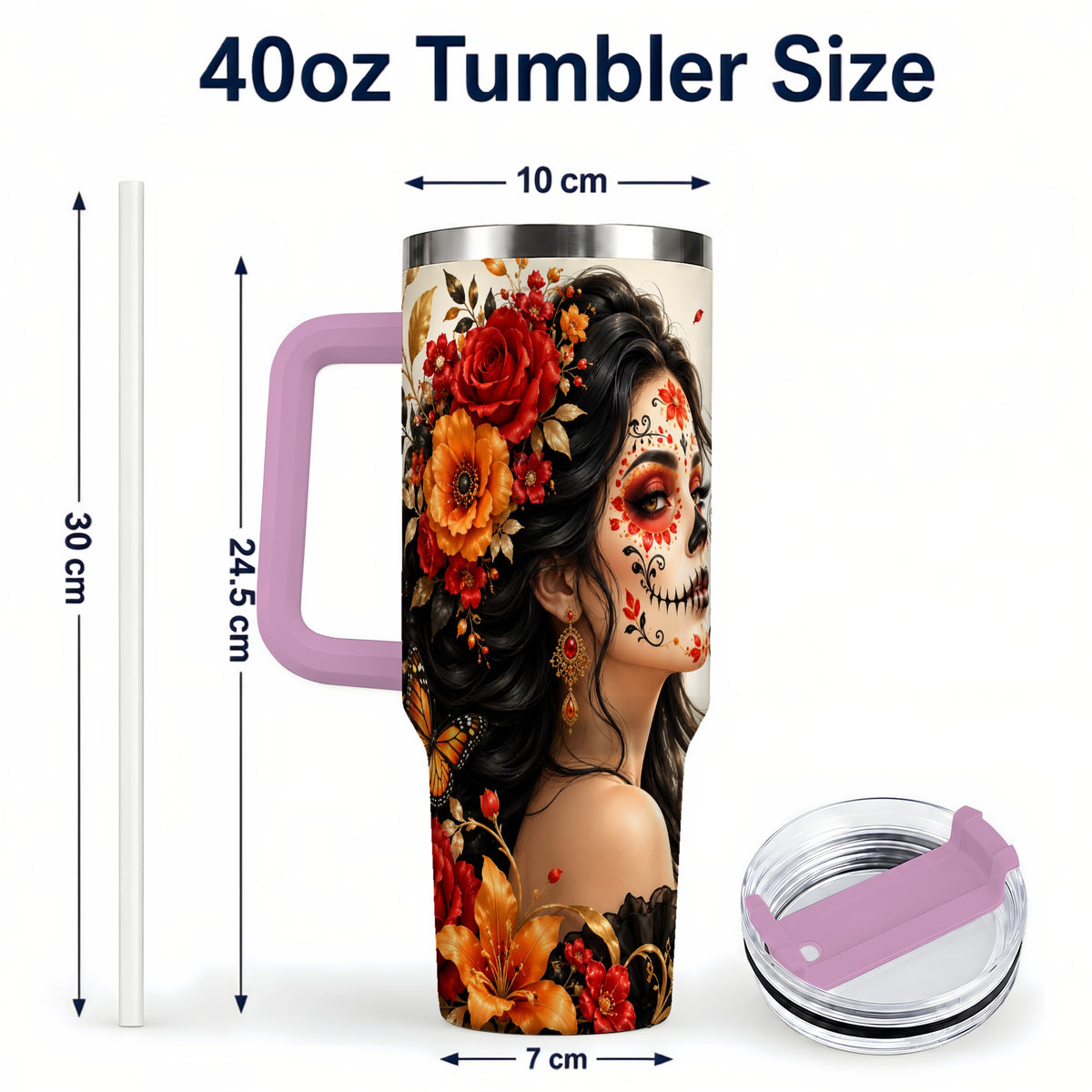 #pl[40oz|Pink] Floral Sugar Skull Woman 40oz Tumbler with Handle, Butterfly Travel Cup