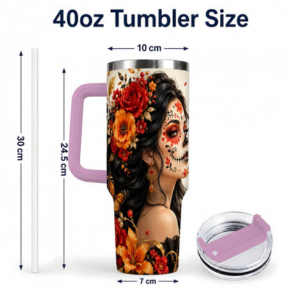 #pl[40oz|Pink] Floral Sugar Skull Woman 40oz Tumbler with Handle, Butterfly Travel Cup