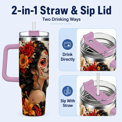 #pl[40oz|Pink] Floral Sugar Skull Woman 40oz Tumbler with Handle, Butterfly Travel Cup