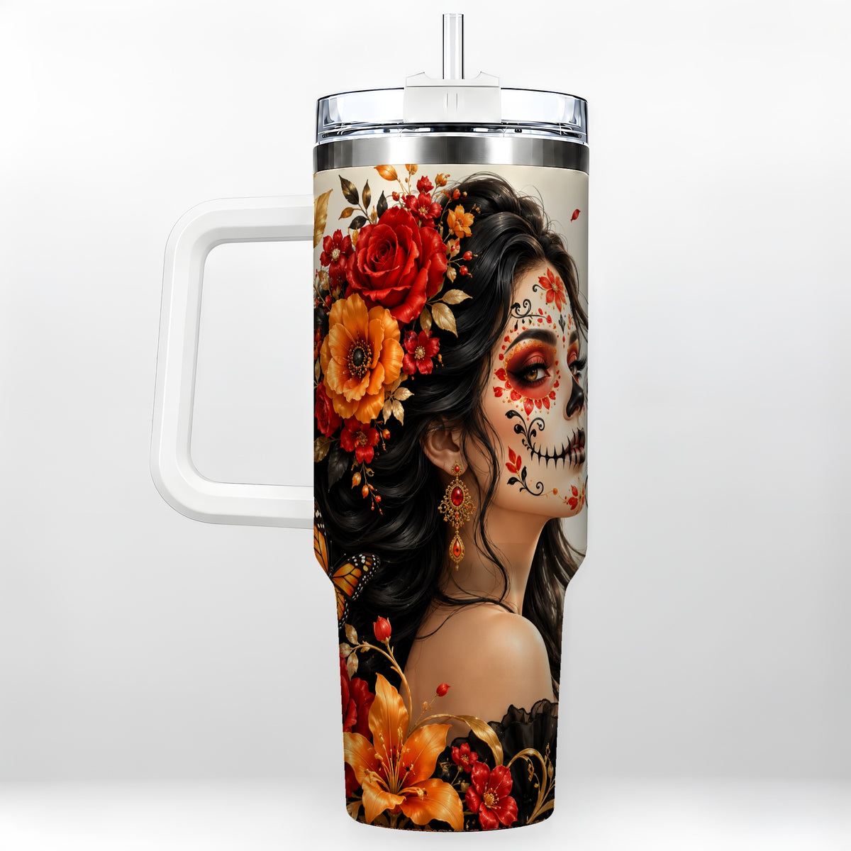 Floral Sugar Skull Woman 40oz Tumbler with Handle, Butterfly Travel Cup
