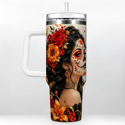 Floral Sugar Skull Woman 40oz Tumbler with Handle, Butterfly Travel Cup