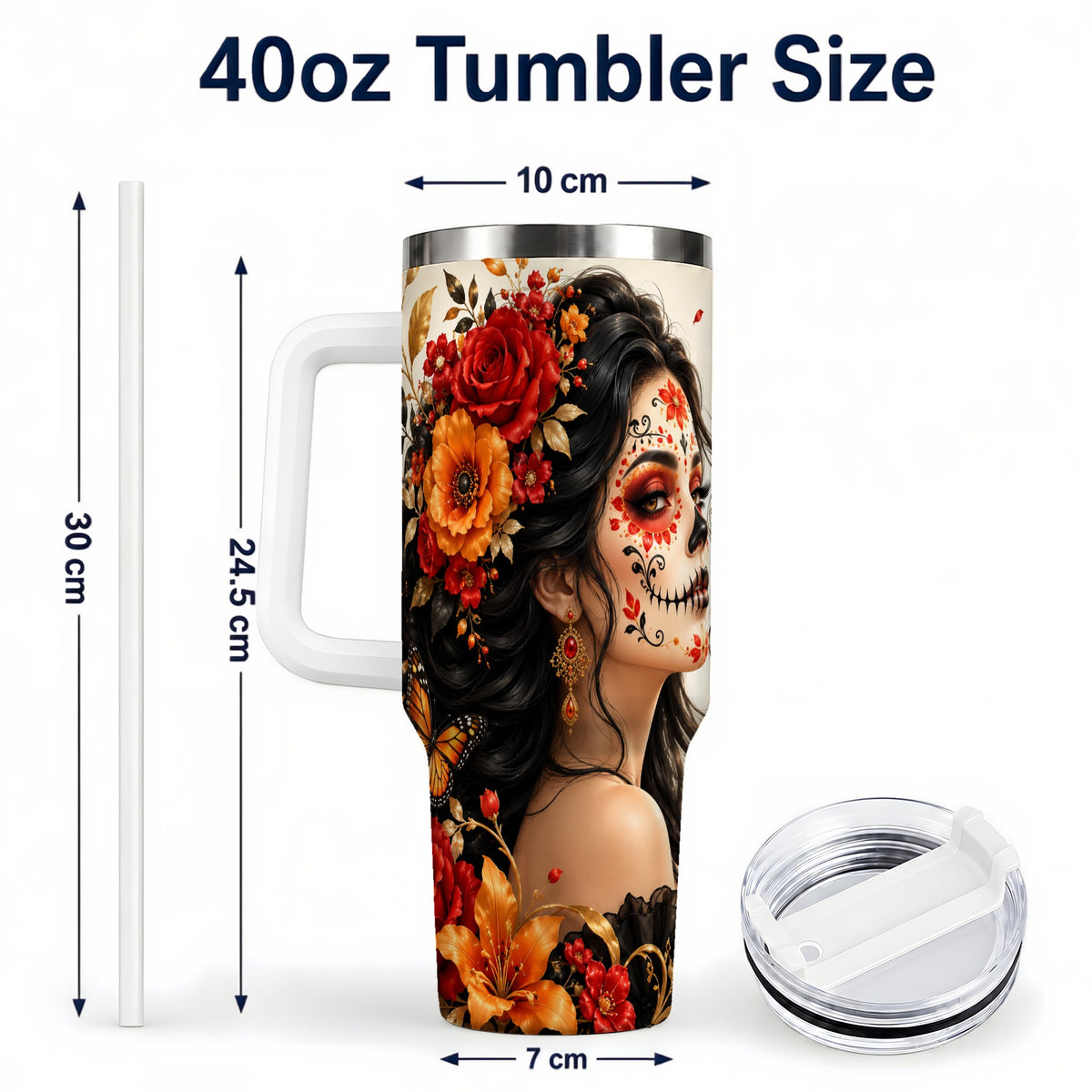 #pl[40oz|White] Floral Sugar Skull Woman 40oz Tumbler with Handle, Butterfly Travel Cup