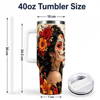 #pl[40oz|White] Floral Sugar Skull Woman 40oz Tumbler with Handle, Butterfly Travel Cup