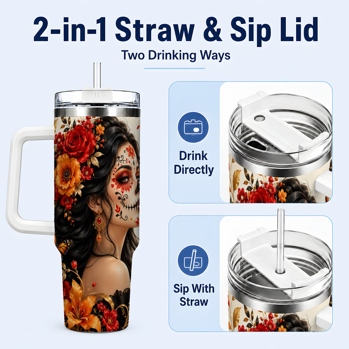 #pl[40oz|White] Floral Sugar Skull Woman 40oz Tumbler with Handle, Butterfly Travel Cup