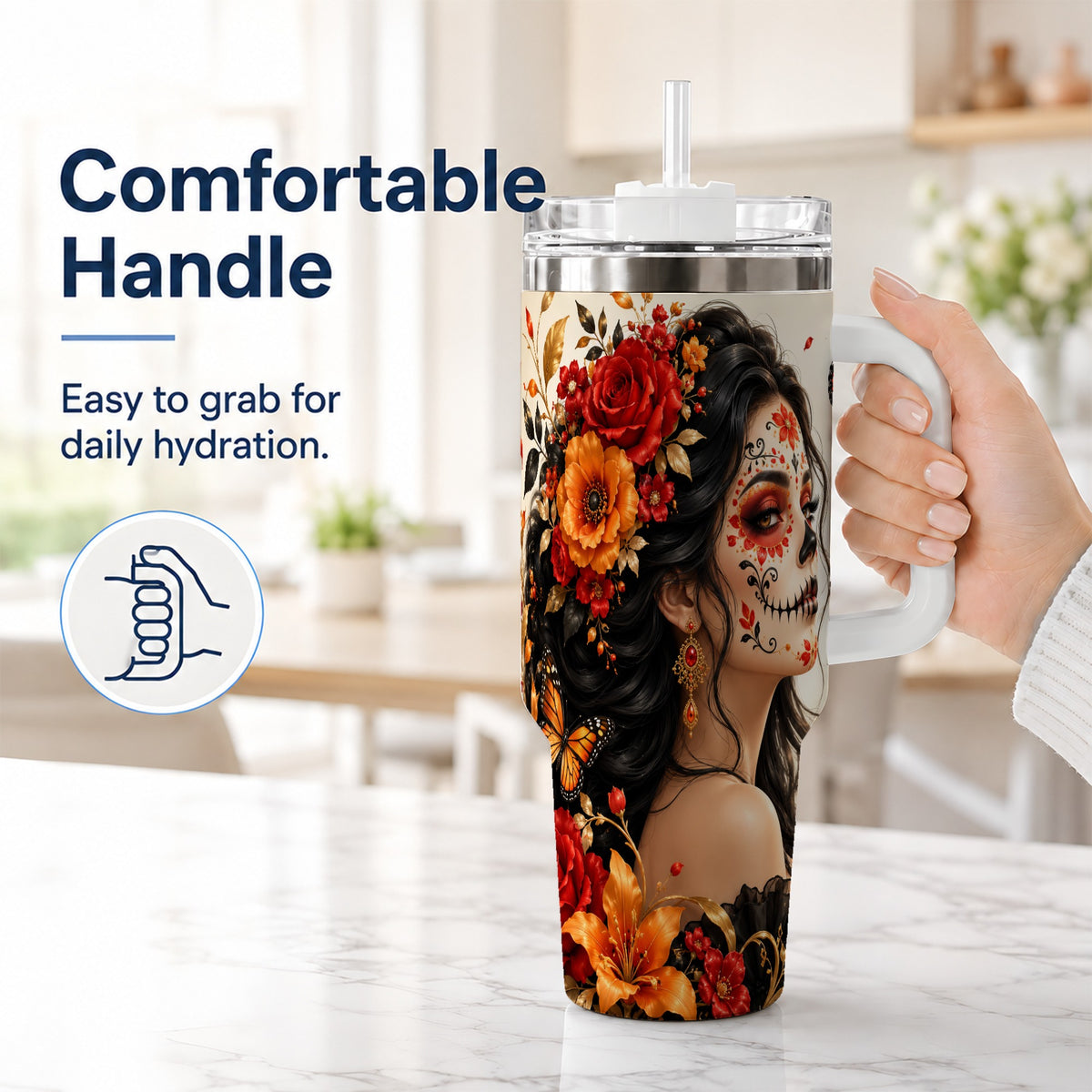 #pl[40oz|White] Floral Sugar Skull Woman 40oz Tumbler with Handle, Butterfly Travel Cup