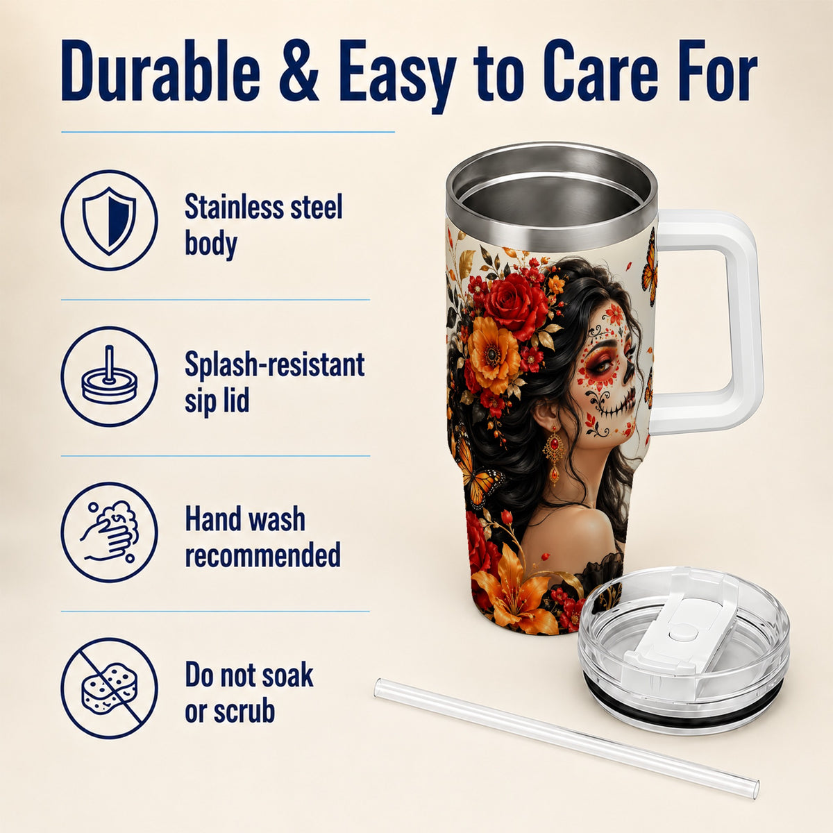 Floral Sugar Skull Woman 40oz Tumbler with Handle, Butterfly Travel Cup
