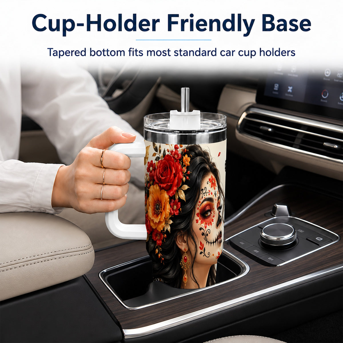 Floral Sugar Skull Woman 40oz Tumbler with Handle, Butterfly Travel Cup