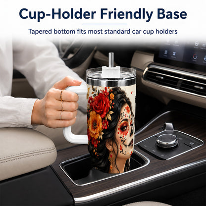 Floral Sugar Skull Woman 40oz Tumbler with Handle, Butterfly Travel Cup