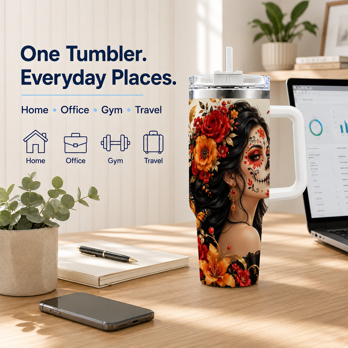 Floral Sugar Skull Woman 40oz Tumbler with Handle, Butterfly Travel Cup